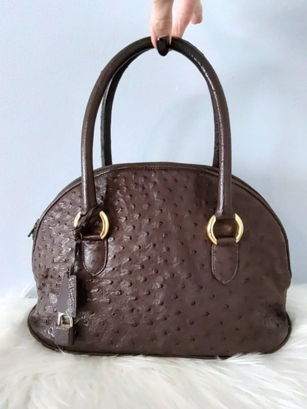 Bally vintage ostrich emb leather dome bowling bag satchel w/lock keys EUC